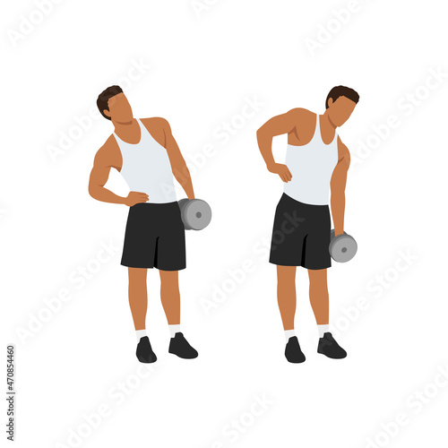 Man doing Standing dumbbell side bends exercise. Flat vector illustration isolated on white background. workout character set