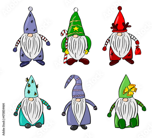 Set of cute christmas man gnomes. Collection of holidays wizards or enchanter with gifts.