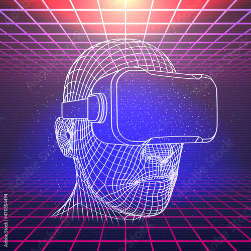 Wireframe Head With Virtual Reality Headset in Cyberspace With Laser Grids. Retro Futuristic Template in 80s Style