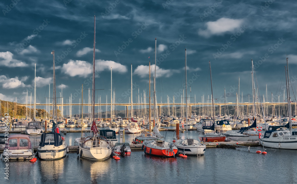 Fototapeta premium Vejle inner marina harbor with modern apartments and small boats, Denmark
