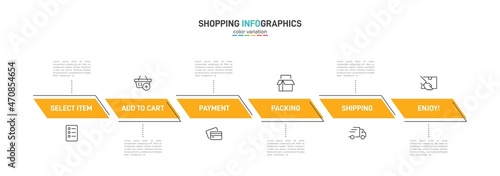 Concept of shopping process with 6 successive steps. Six colorful graphic elements. Timeline design for brochure, presentation, web site. Infographic design layout.