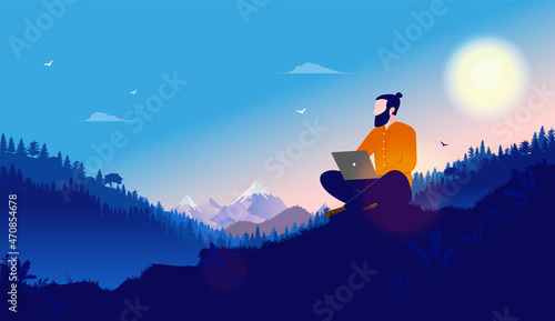 Working anywhere - Man sitting with laptop doing freelance work and enjoying freedom. Remote work concept, vector illustration