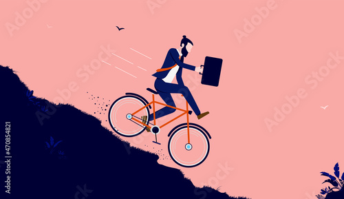 Businessman going to fast - Business person on bike riding down hill in high speed. Danger and risk concept. Vector illustration