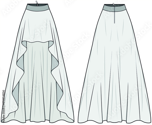 Dipped Hem Maxi Frill Skirt With Back Zip Front and Back View. Fashion Illustration, Vector, CAD, Technical Drawing, Flat Drawing.