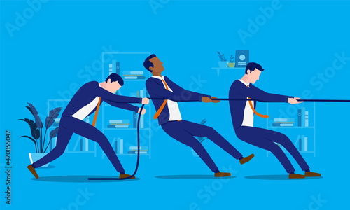 Business people making an effort - Vector illustration of team of businessmen pulling rope. Strength and persistence concept