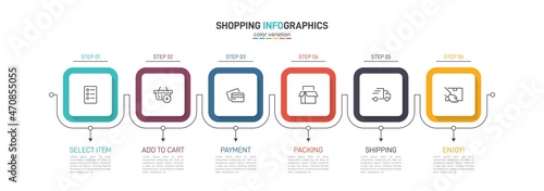 Concept of shopping process with 6 successive steps. Six colorful graphic elements. Timeline design for brochure, presentation, web site. Infographic design layout.