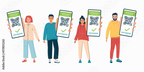 Young men and women show the QR code of the Covid-19 coronavirus vaccination certificate on the phone screen. Digital sanitary pass, vaccine passport. Travel permit. Isolated vector illustrations