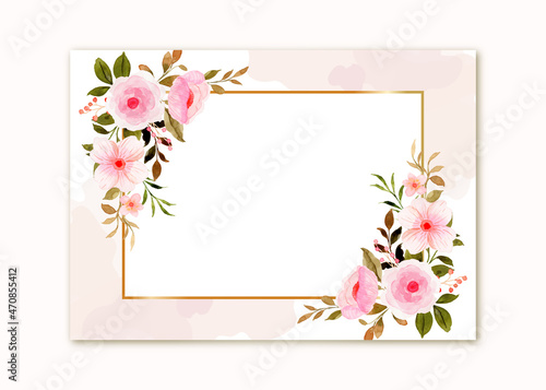 Watercolor pink pastel flower with gold frame