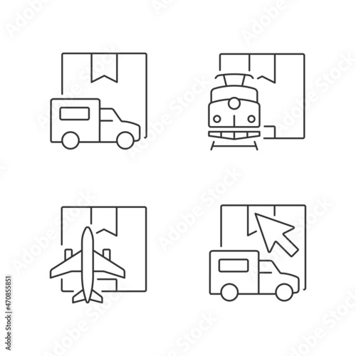 International shipping transport types linear icons set. Delivery online request. Modern technology of cargo shipping. Customizable thin line contour symbols. Isolated vector outline illustrations