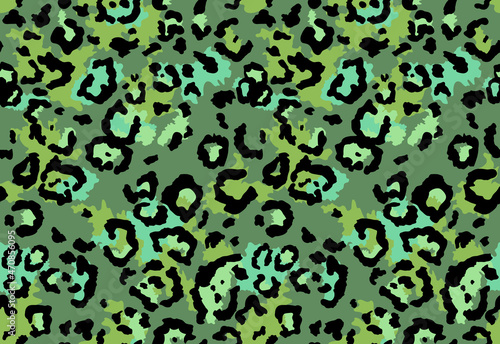 Seamless abstract textile pattern. Fashionable wild leopard print background green color. Modern underwater fabric print design. Stylish vector color illustration