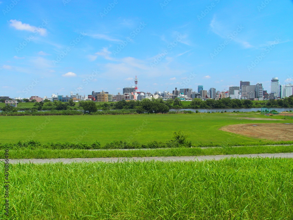 埼玉県側から千葉県側を土手から見る梅雨晴れの江戸川河川敷風景