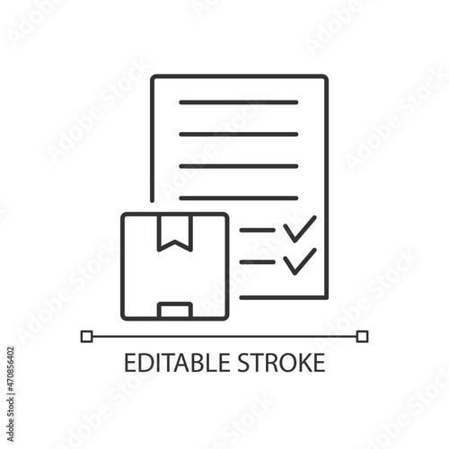 International delivery bill of landing document linear icon. Cargo carriage contract. Thin line customizable illustration. Contour symbol. Vector isolated outline drawing. Editable stroke