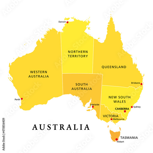 Australia, political map, with the capital Canberra, administrative states and territories. The Commonwealth of Australia, a sovereign country and continent. Illustration on white background. Vector.