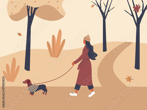 Cute girl walking with dog dachshund in overalls in autumn city park or forest. Fall soothing outdoors landscape: trees, leaves, bushes in trendy funky figures style. Vector illustration in flat style
