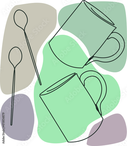 Green, black, herbal tea. Teapot and cups full of tea.  Line art vector illustration, minimalism.