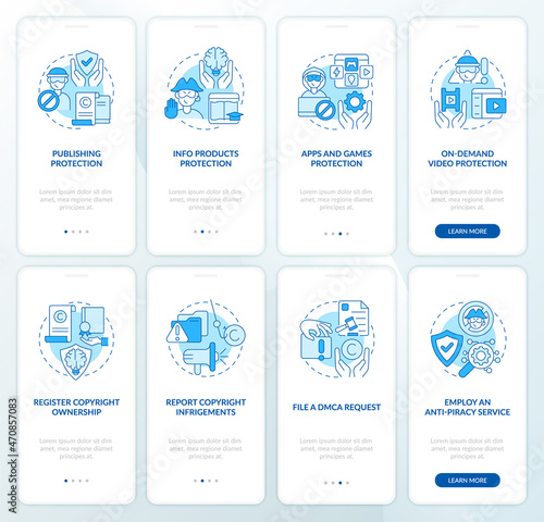 Intellectual property rights onboarding mobile app page screen set. Copyright walkthrough 4 steps graphic instructions with concepts. UI, UX, GUI vector template with linear color illustrations