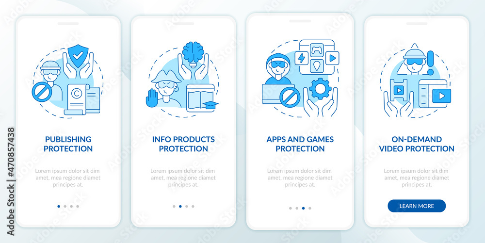 Copyright protection onboarding mobile app page screen. Info products security walkthrough 4 steps graphic instructions with concepts. UI, UX, GUI vector template with linear color illustrations