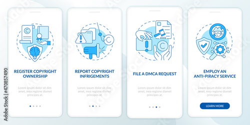 Protection from piracy onboarding mobile app page screen. Report infringements walkthrough 4 steps graphic instructions with concepts. UI, UX, GUI vector template with linear color illustrations