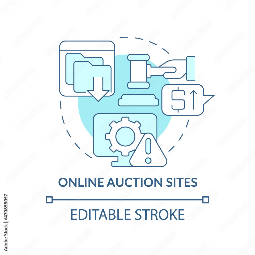 Online auction sites blue concept icon. Source of piracy abstract idea thin line illustration. Illegal copyrighted software sales. Vector isolated outline color drawing. Editable stroke Online auction sites blue concept icon. Source of piracy abstract idea thin line illustration. Illegal copyrighted software sales. Vector isolated outline color drawing. Editable stroke