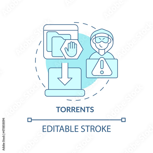 Torrents blue concept icon. Source of piracy abstract idea thin line illustration. Illegal music, software distribution. Illegally torrenting. Vector isolated outline color drawing. Editable stroke