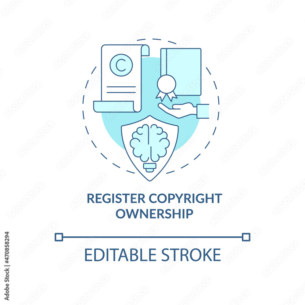 Register copyright ownership blue concept icon. Content protection abstract idea thin line illustration. Exclusive right in work. Vector isolated outline color drawing. Editable stroke Register copyright ownership blue concept icon. Content protection abstract idea thin line illustration. Exclusive right in work. Vector isolated outline color drawing. Editable stroke
