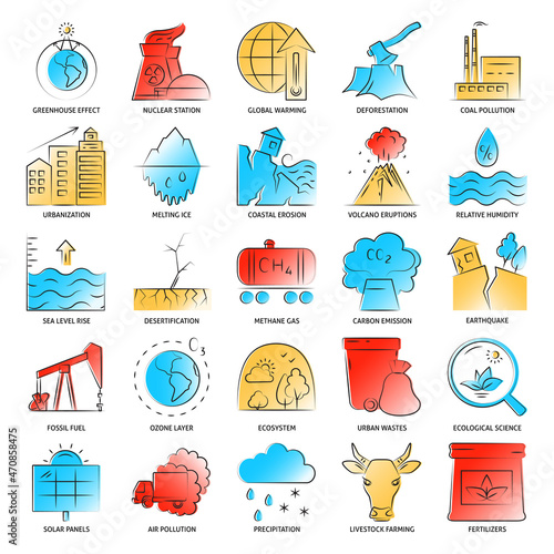 Ecology problems icon set in line style