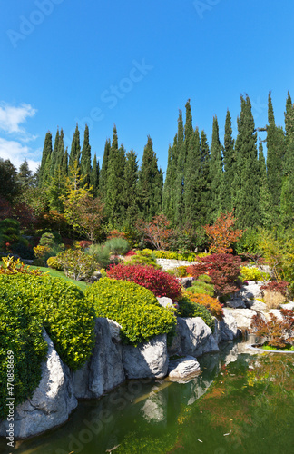 Crimea. Yalta. Picturesque autumn park with a pond and bright red and yellow ornamental shrubs against the backdrop of green cypress trees on a sunny October day. Natural seasonal backgraund photo