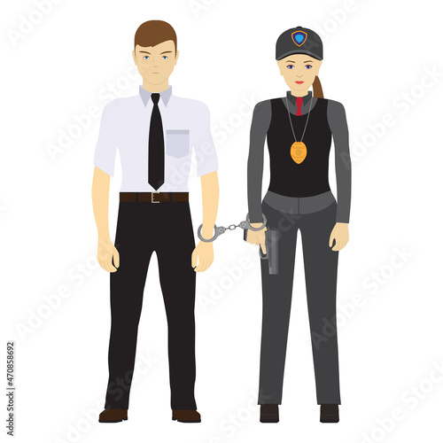 Police officer and handcuffed detainee.