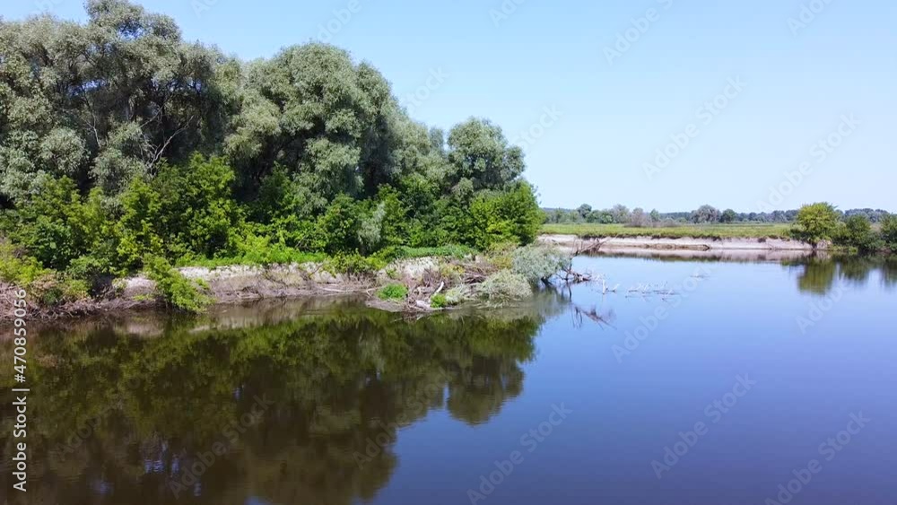 Summer river with old trees and wood. Aerial landscape Summer river with old trees and wood. Aerial landscape