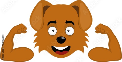 Vector illustration of a cartoon dog's face flexing his arms and contracting his biceps