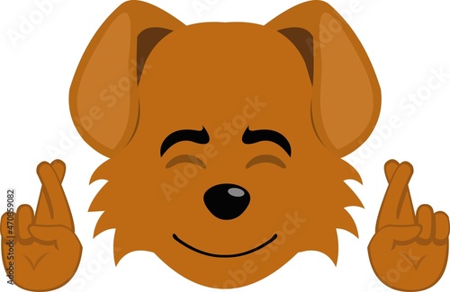 Vector illustration of the face of a cartoon dog crossing the fingers of the hands in concept of good luck