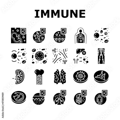Immune System Disease And Treat Icons Set Vector. Thymus Of Immune And Antibodies, Active And Passive Immunity, Autoimmunity And Macrophage Blood Cell Glyph Pictograms Black Illustrations