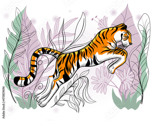 Vector illustration of a tiger in a jump. Tiger in the jungle 
