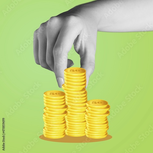 Contemporary art collage with hand folding pyramid from yellow coins