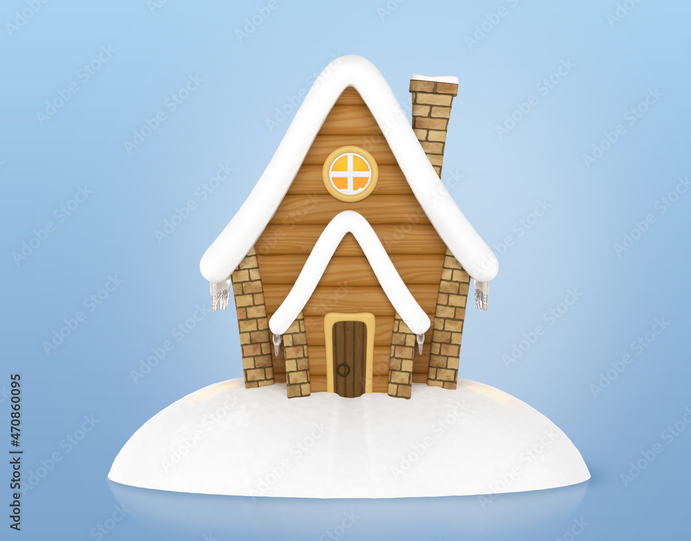 Fairytale Christmas house in the snow, isolated on a blue background, 3D illustration