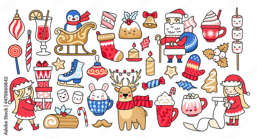 Big christmas collection. Set of winter holiday cartoon stickers. Christmas elf, deer, penguin in sled, kawaii bunny, santa сlaus, marshmallows. Vector isolated illustrations. Big christmas collection. Set of winter holiday cartoon stickers. Christmas elf, deer, penguin in sled, kawaii bunny, santa сlaus, marshmallows. Vector isolated illustrations.