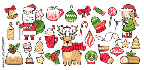 Santa Claus, cute christmas elf with a scroll of gifts, deer, pudding, holly and holiday decorations. Collection of xmas stickers, prints, vector cartoon isolated illustrations.