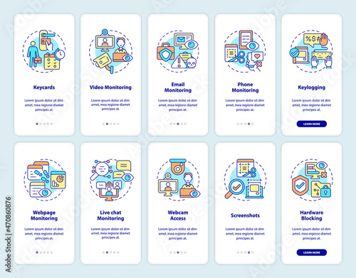 Employee monitoring onboarding mobile app page screen. Work tracking walkthrough 5 steps graphic instructions with concepts. UI, UX, GUI vector template with linear color illustrations