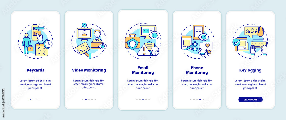 Types of employee monitoring onboarding mobile app page screen. Work walkthrough 5 steps graphic instructions with concepts. UI, UX, GUI vector template with linear color illustrations