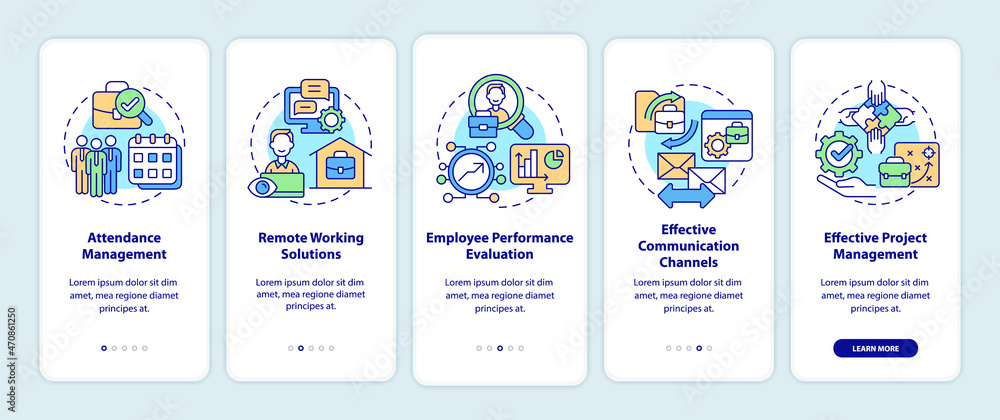 Employee monitoring advantages onboarding mobile app page screen. Work tracking walkthrough 5 steps graphic instructions with concepts. UI, UX, GUI vector template with linear color illustrations