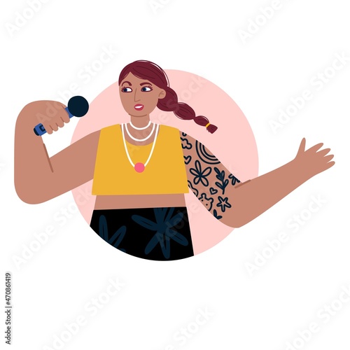 Stand-up show. Speech by a girl with a microphone. Character design. Vector