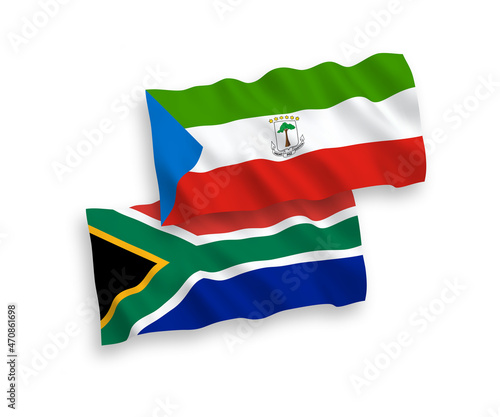National vector fabric wave flags of Republic of Equatorial Guinea and Republic of South Africa isolated on white background. 1 to 2 proportion.