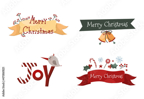 Christmas lettering compositions set and merry christmas calligraphy on a ribbon with holly and snowflake. Xmas greetings bundle. Vector stock illustration