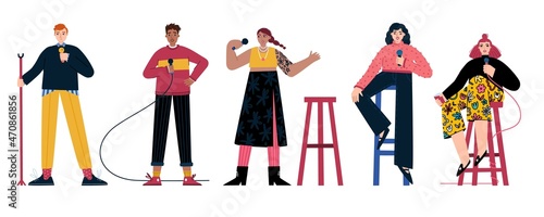 Stand-up show set. Speech by men and girls with a microphone. Character design. Vector