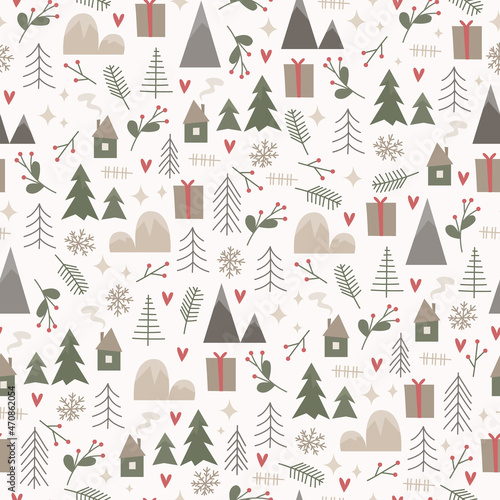 Christmas pattern in scandinavian style with houses, mountains and christmas tree on white background. Vector stock illustration