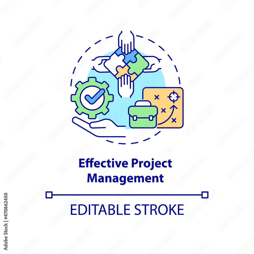 Effective project management concept icon. Organizing productive teamwork. Employee monitoring abstract idea thin line illustration. Vector isolated outline color drawing. Editable stroke Effective project management concept icon. Organizing productive teamwork. Employee monitoring abstract idea thin line illustration. Vector isolated outline color drawing. Editable stroke