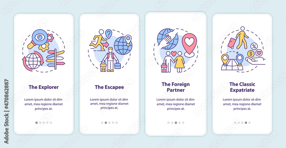 Expats types onboarding mobile app page screen. Moving abroad reasons walkthrough 4 steps graphic instructions with concepts. UI, UX, GUI vector template with linear color illustrations