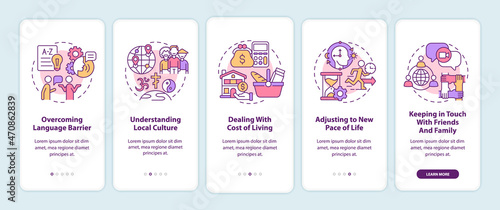 Expats struggles onboarding mobile app page screen. Overcoming difficulties walkthrough 5 steps graphic instructions with concepts. UI, UX, GUI vector template with linear color illustrations