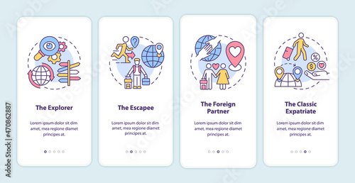 Expats types onboarding mobile app page screen. Moving abroad reasons walkthrough 4 steps graphic instructions with concepts. UI, UX, GUI vector template with linear color illustrations
