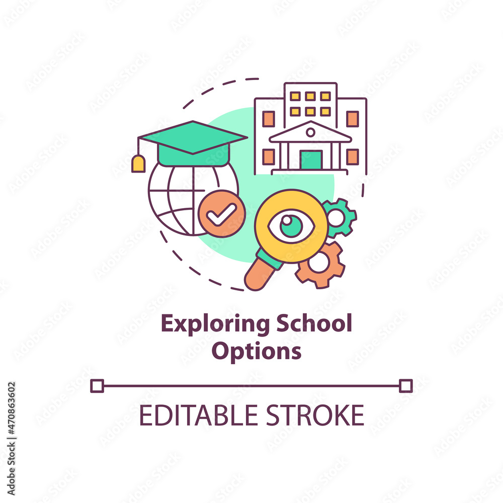Exploring school options concept icon. Things to consider when moving abstract idea thin line illustration. Education opportunities for kids. Vector isolated outline color drawing. Editable stroke